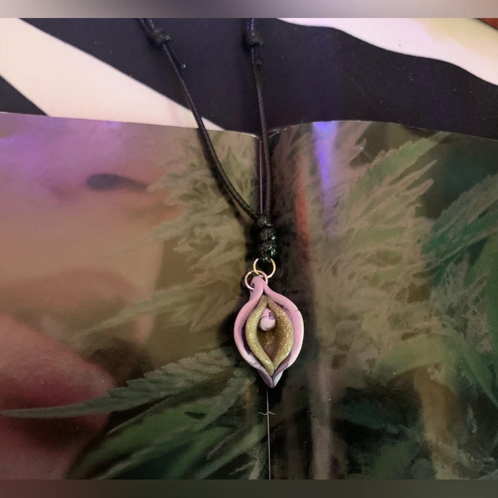 Sensual Floral Necklace Handmade Clay Pendant Adjustable Length Cord